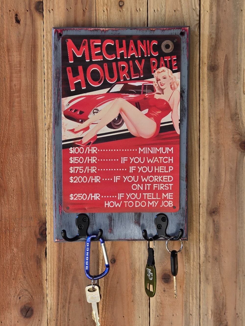 Mechanic Shop Sign Mounted on Solid Wood with hooks Handmade Rustic Vintage Look